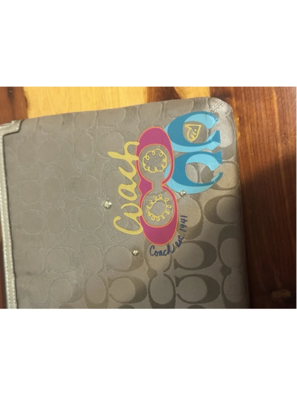 Coach Tablet Sleeve Signature iPad Zip Case Daisy Poppy Applique Khaki Brown